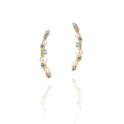 18K Gold Vermeil Blue Topaz and Pearl Ear Climber Earrings - INES SANTOS JEWELLERY