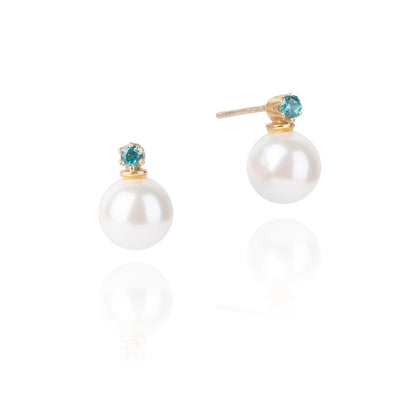 18K Gold Vermeil Blue Topaz and Pearl Stud Earrings - INES SANTOS JEWELLERY