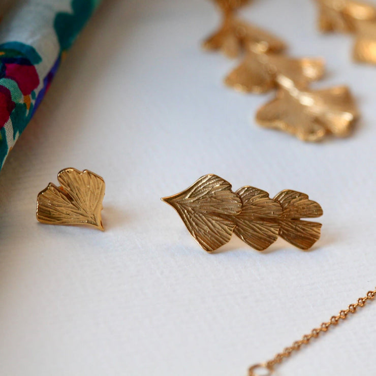18K Gold Vermeil Ginkgo Leaf Earrings Stud and Ear Climber - INES SANTOS JEWELLERY