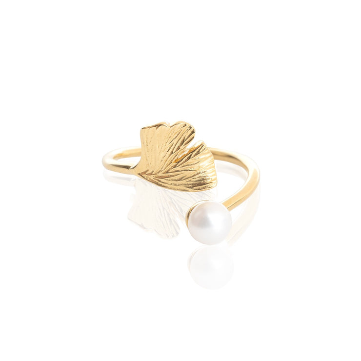 18K Gold Vermeil Ginkgo and Pearl Ring | Jewellery Gold Vermeil on Silver | Women&