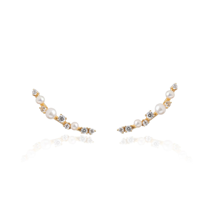18K Gold Vermeil White Topaz and Pearl Ear Climber Earrings - INES SANTOS JEWELLERY | Women&